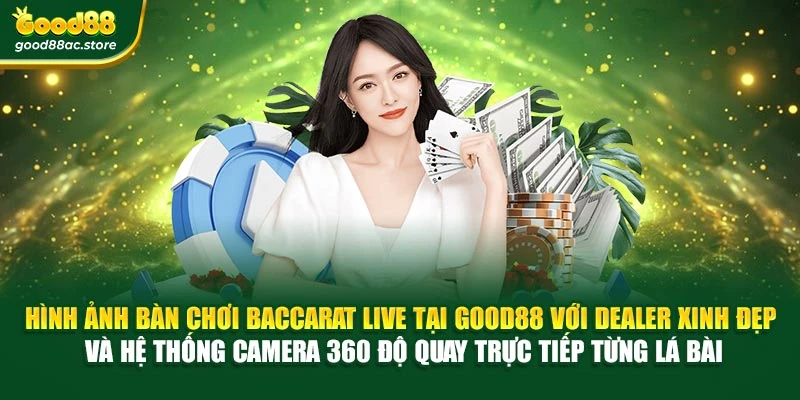 Hình ảnh bàn chơi baccarat live tại Good88 với dealer xinh đẹp và hệ thống camera 360 độ quay trực tiếp từng lá bài